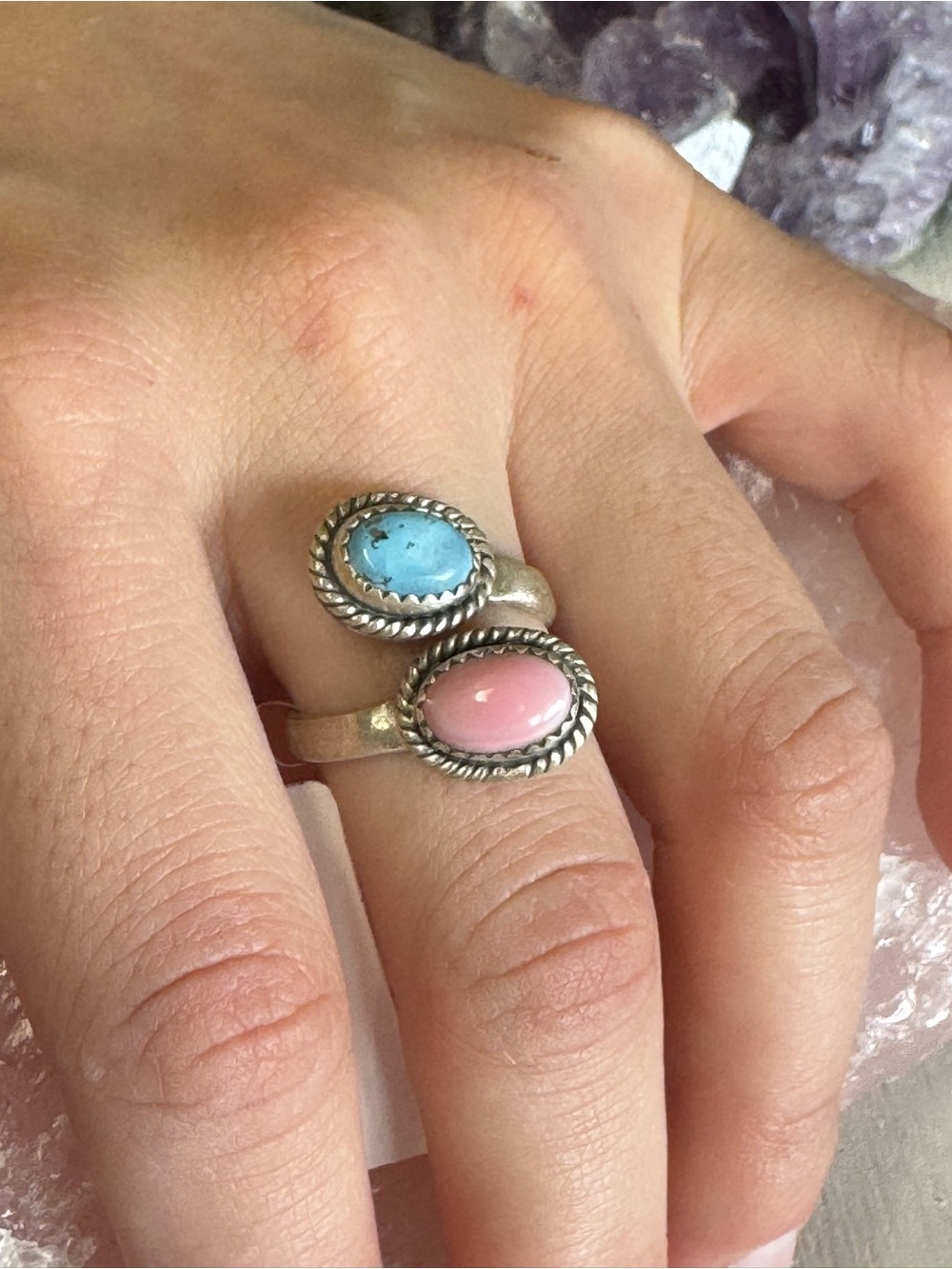 Sterling Silver Bypass Ring with Pink Conch and Golden Hills Turquoise